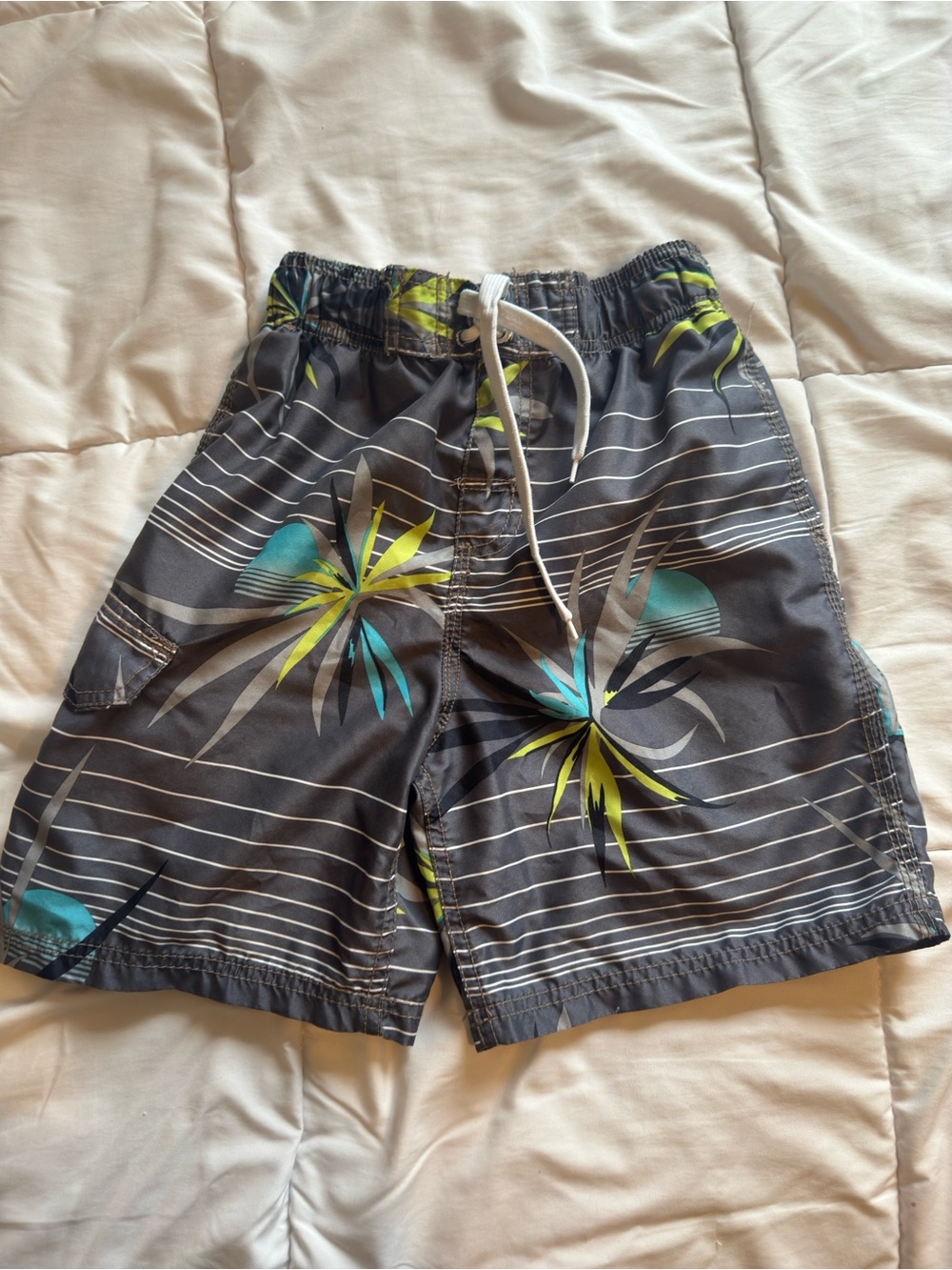 Kanu Surf Gray Swim Trunks with Lime Green & Teal Tropical Print